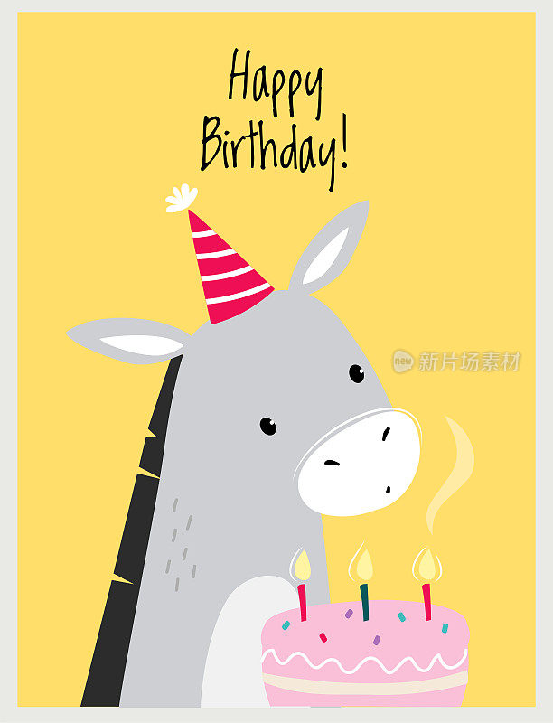 Happy Birthday Card with Donkey in Hat as Farm Animal and Cake with candle as Holiday Greeting and祝贺矢量插图